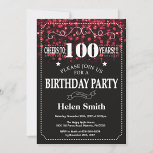 Invitación de cumpleaños número 100 con brillo roj