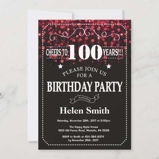 Invitación de cumpleaños número 100 con brillo roj (Anverso)