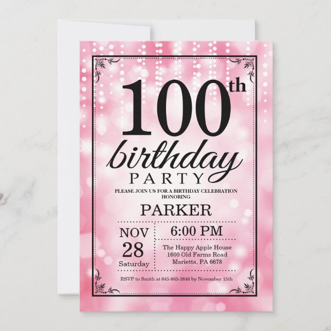 Invitación de cumpleaños número 100 con brillo ros (Anverso)