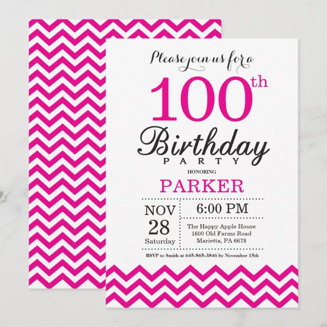 Invitación de cumpleaños número 100 con Chevron ro (Anverso / Reverso)
