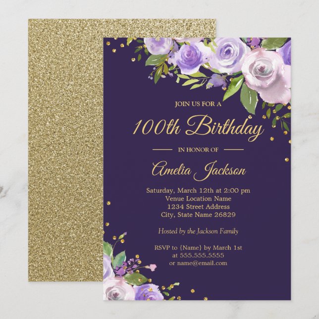 Invitación de cumpleaños número 100 con destellos  (Anverso / Reverso)