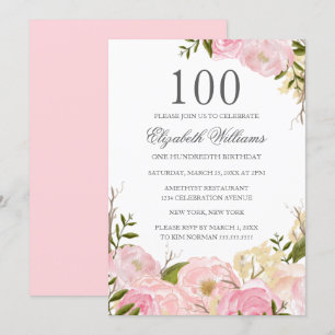 Invitación de cumpleaños número 100 con flores de
