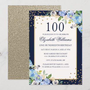 Invitación de cumpleaños número 100 con flores dor