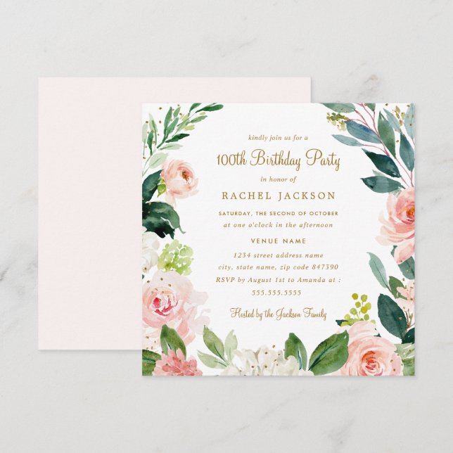Invitación de cumpleaños número 100 con flores en  (Anverso / Reverso)
