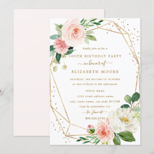 Invitación de cumpleaños número 100 con flores geo