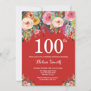 Invitación de cumpleaños número 100 con flores roj