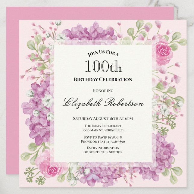 Invitación de cumpleaños número 100 con flores ros (Subido por el creador)
