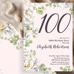 Invitación de cumpleaños número 100 con peonía flo