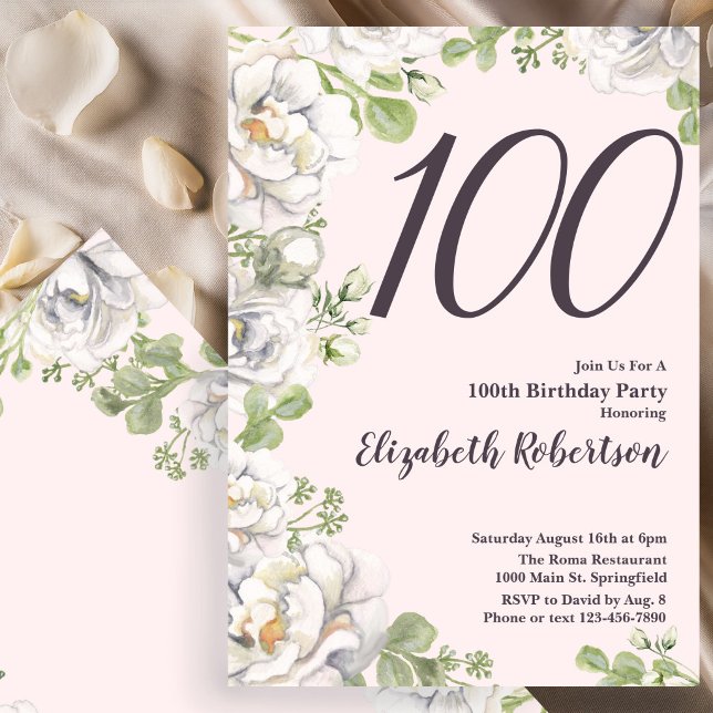 Invitación de cumpleaños número 100 con peonía flo (Subido por el creador)