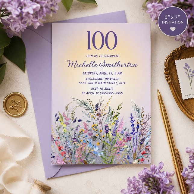 Invitación de cumpleaños número 100 de aquarela de (Lavender watercolor wildflowers 100th birthday party invitation)