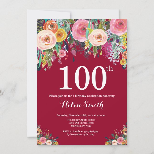 Invitación de cumpleaños número 100 de Borgoña Flo (Anverso)