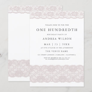 Invitación de cumpleaños número 100 de encaje rosa