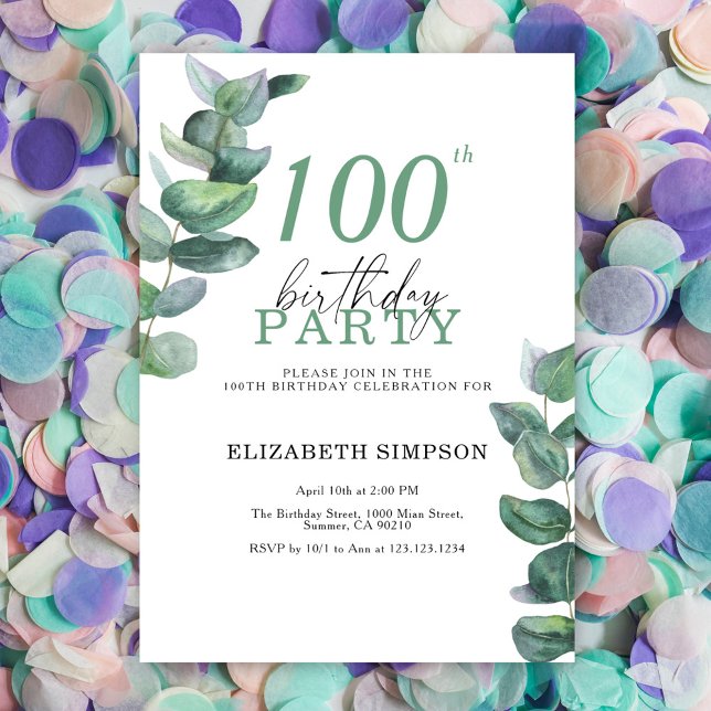 Invitación de cumpleaños número 100 de eucalipto a (Subido por el creador)
