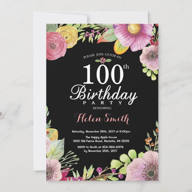 Invitación de cumpleaños número 100 de Floral para (Anverso)