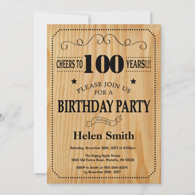 Invitación de cumpleaños número 100 de madera rúst (Anverso)