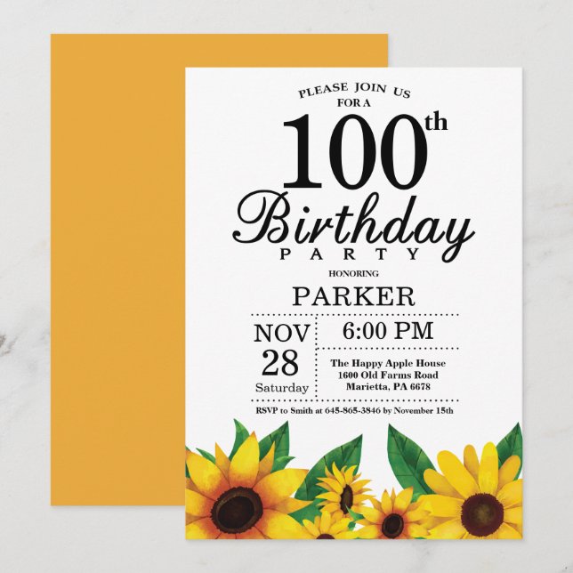 Invitación de cumpleaños número 100 del girasol (Anverso / Reverso)