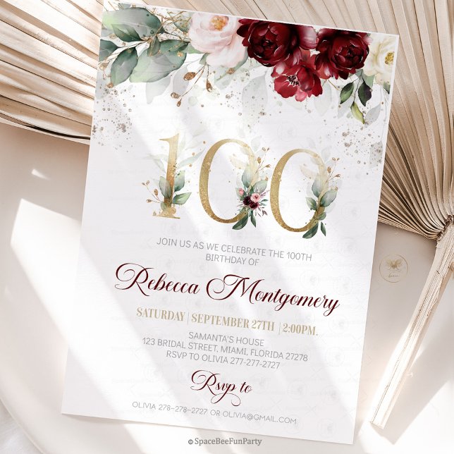 invitación de cumpleaños número 100 Elegante Hito (100th birthday invitation, editable sage green invitation, elegant floral design, eighty year old br)