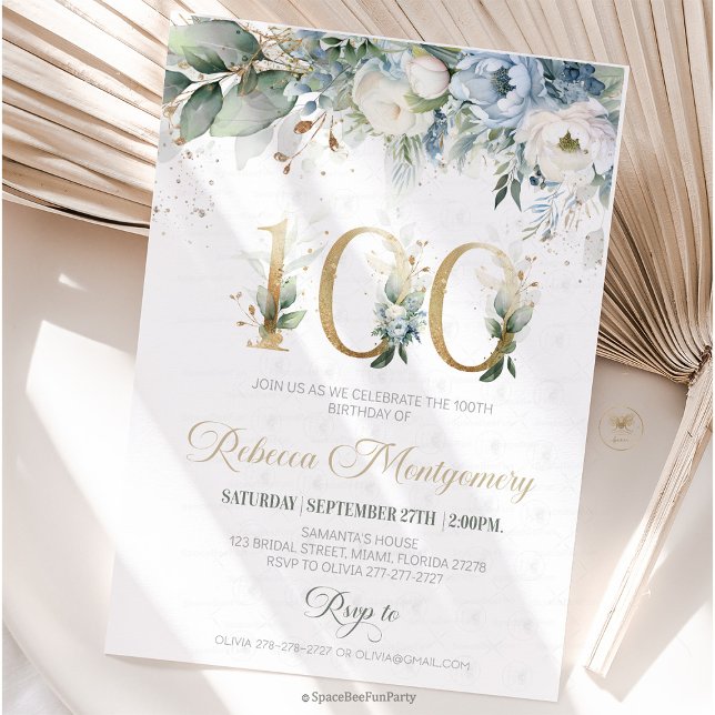 invitación de cumpleaños número 100 Elegante Hito (100th birthday invitation, editable sage green invitation, elegant floral design, eighty year old br)