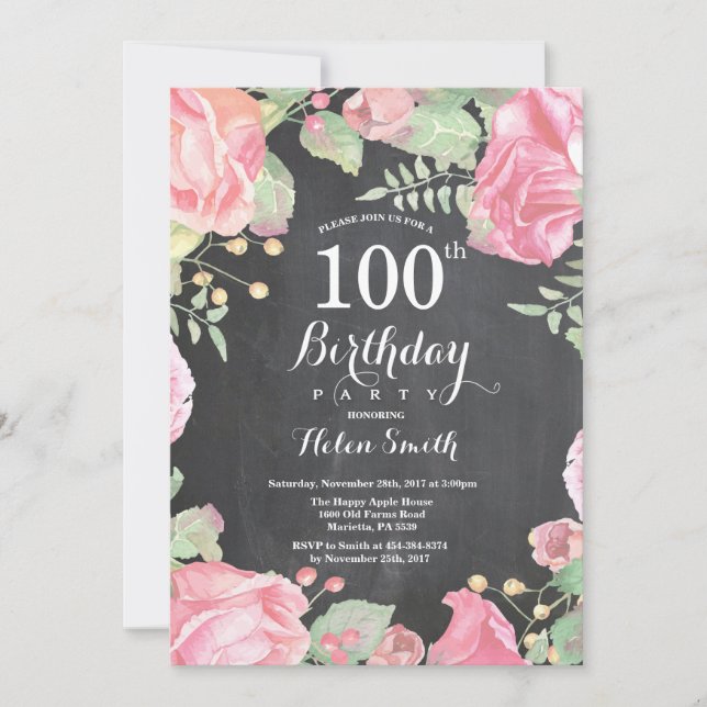 Invitación de cumpleaños número 100 floral botánic (Anverso)