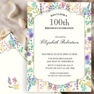 Invitación de cumpleaños número 100 floral colorid
