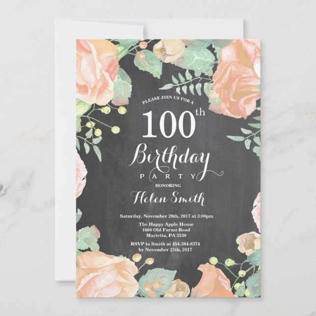 Invitación de cumpleaños número 100 floral de melo (Anverso)