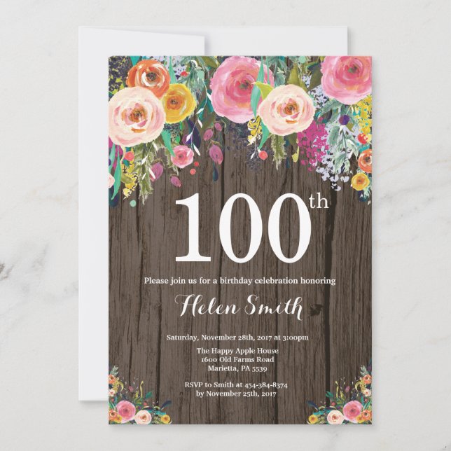 Invitación de cumpleaños número 100 floral rústica (Anverso)