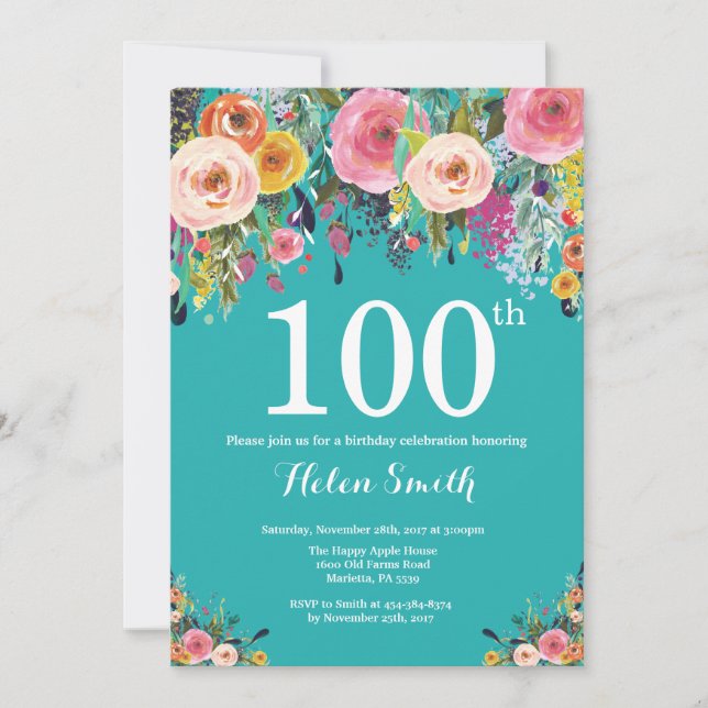 Invitación de cumpleaños número 100 floral turques (Anverso)