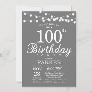 Invitación de cumpleaños número 100 gris y blanco