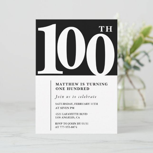 Invitación de cumpleaños número 100 negra Elegante (Anverso de pie)