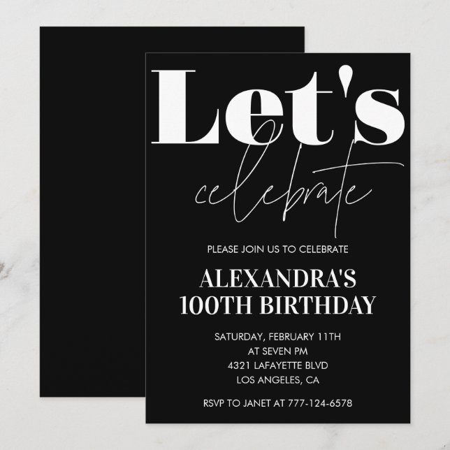 Invitación de cumpleaños número 100 negra Tipograf (Anverso / Reverso)