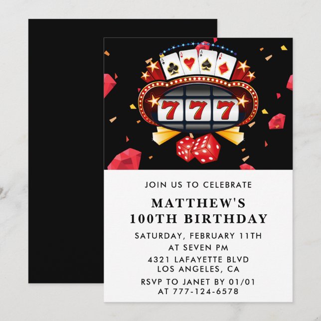 Invitación de cumpleaños número 100 negro tema Cas (Anverso / Reverso)