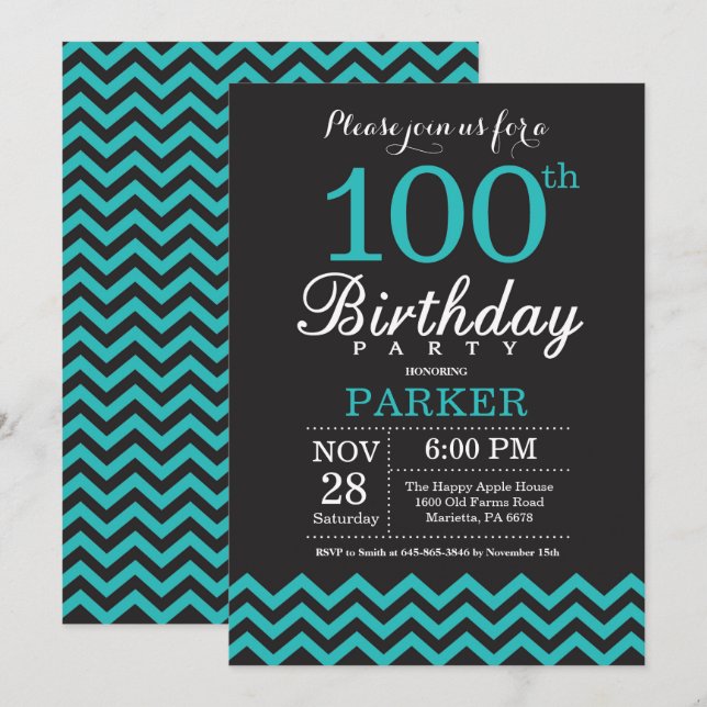 Invitación de cumpleaños número 100 negro y azul t (Anverso / Reverso)