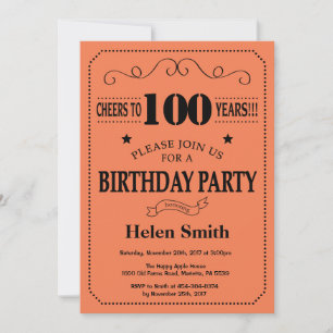 Invitación de cumpleaños número 100 negro y coral