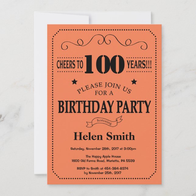 Invitación de cumpleaños número 100 negro y coral (Anverso)