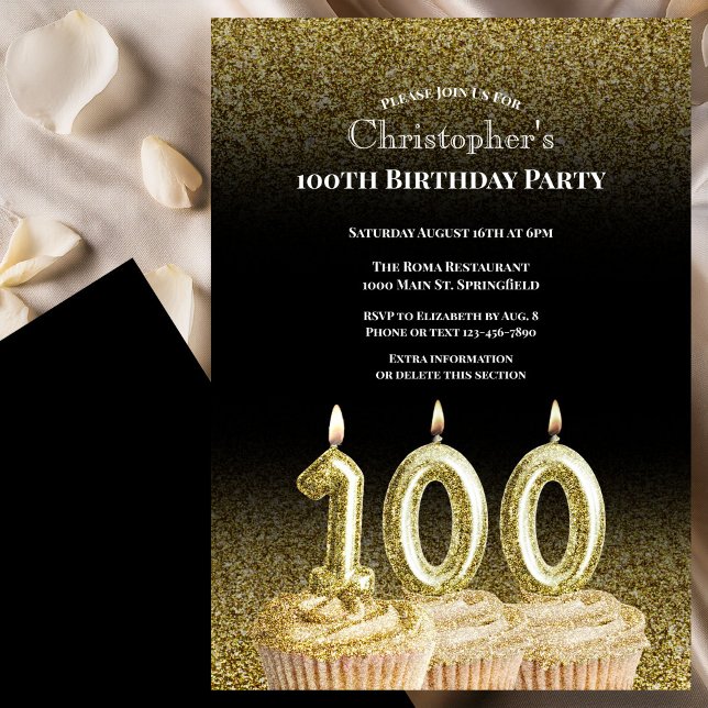 Invitación de cumpleaños número 100 negro y dorado (Subido por el creador)
