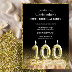 Invitación de cumpleaños número 100 negro y dorado