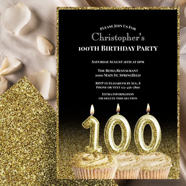 Invitación de cumpleaños número 100 negro y dorado (Subido por el creador)