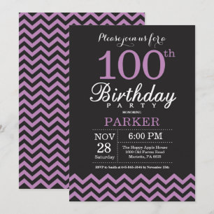 Invitación de cumpleaños número 100 negro y púrpur