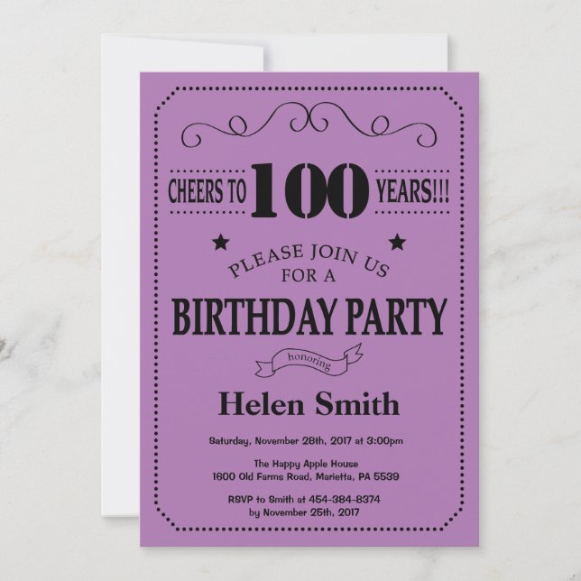Invitación de cumpleaños número 100 negro y púrpur (Anverso)