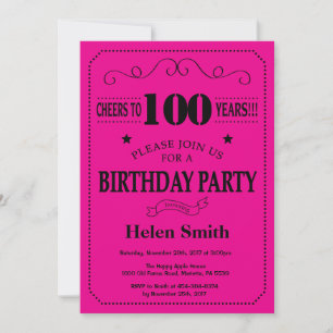 Invitación de cumpleaños número 100 negro y rosa c
