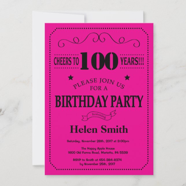 Invitación de cumpleaños número 100 negro y rosa c (Anverso)
