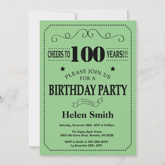 Invitación de cumpleaños número 100: negro y verde (Anverso)