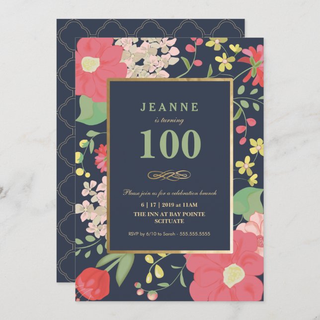 Invitación de cumpleaños número 100 - Oro, elegant (Anverso / Reverso)