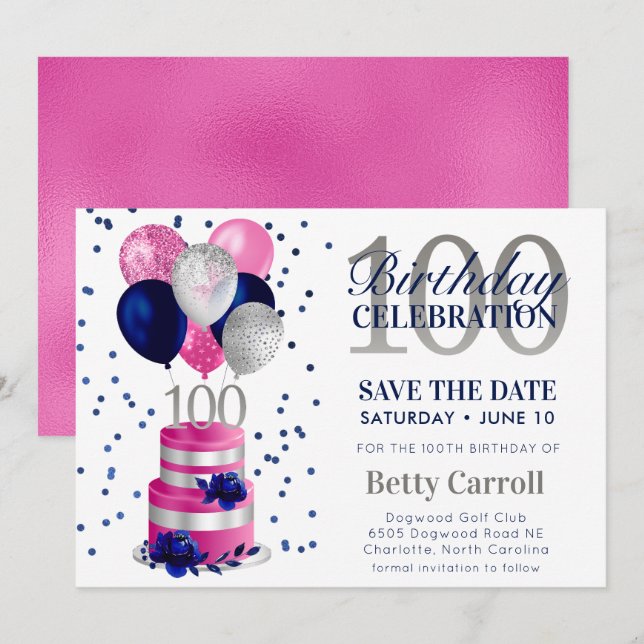 Invitación de Cumpleaños Número 100 para Guardar l (Anverso / Reverso)