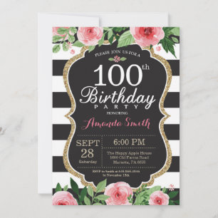 Invitación de cumpleaños número 100 para mujeres. 
