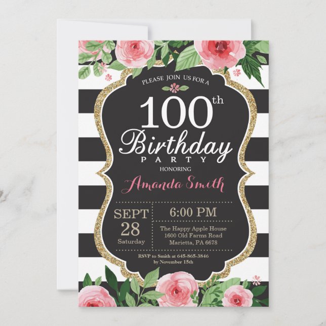 Invitación de cumpleaños número 100 para mujeres.  (Anverso)