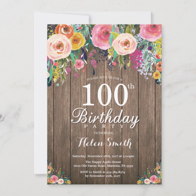Invitación de cumpleaños número 100 para mujeres c (Anverso)