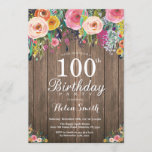 Invitación de cumpleaños número 100 para mujeres c<br><div class="desc">Invitación de cumpleaños número 100 para mujeres. Flor Floral acuática, Fondo De Madera Rústica. Retro Vintage. Cumpleaños de adultos. Mujer Chica Lady Adolescente Bday Bash Invita. 13a 15a 16a 18a 20a 30a 40a 50a 60a 70a 80a 90a 100a. Cualquier edad. Para más personalización, haga clic en el botón "Personalizar" y...</div>