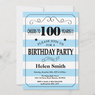 Invitación de cumpleaños número 100 rayas azules y