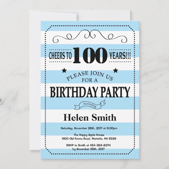 Invitación de cumpleaños número 100 rayas azules y (Anverso)